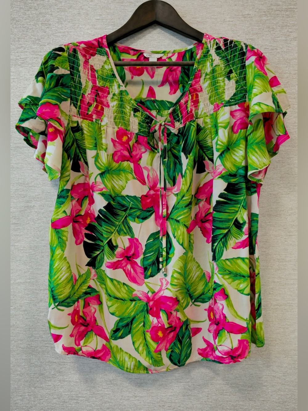 Cato Pink & Green Tropical Tie-Front Blouse